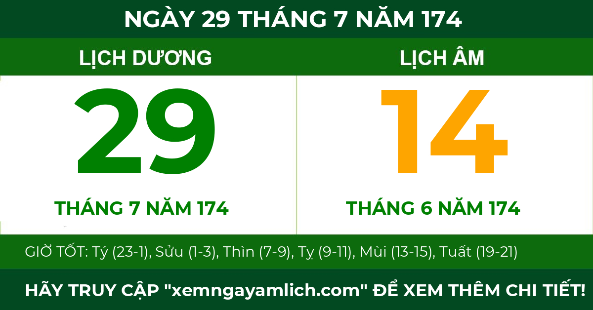lịch âm ngày 29 tháng 7 năm 174