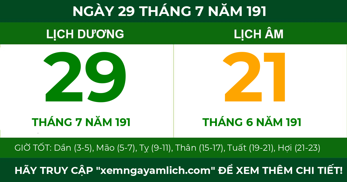 lịch âm ngày 29 tháng 7 năm 191