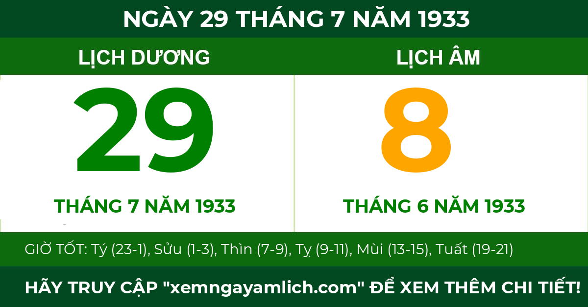 lịch âm ngày 29 tháng 7 năm 1933