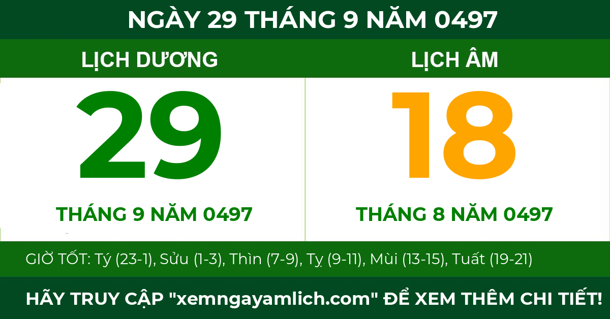 lịch âm ngày 29 tháng 9 năm 0497