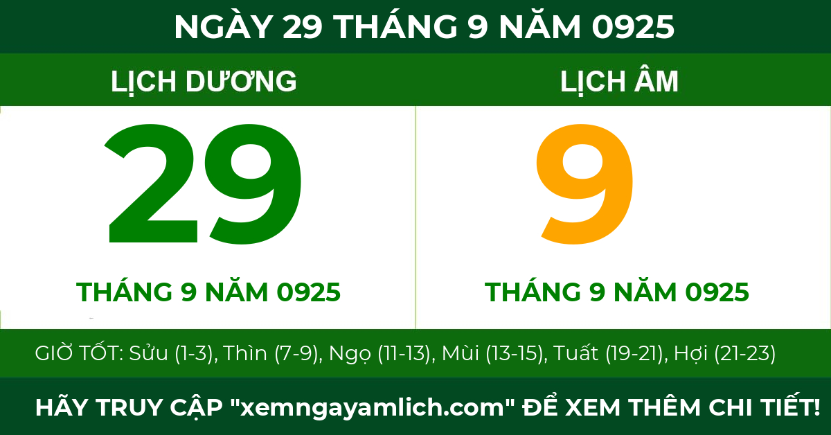 lịch âm ngày 29 tháng 9 năm 0925
