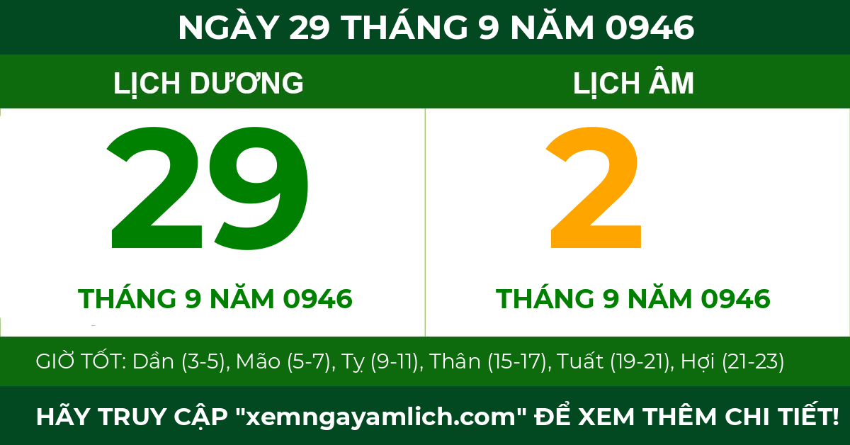lịch âm ngày 29 tháng 9 năm 0946