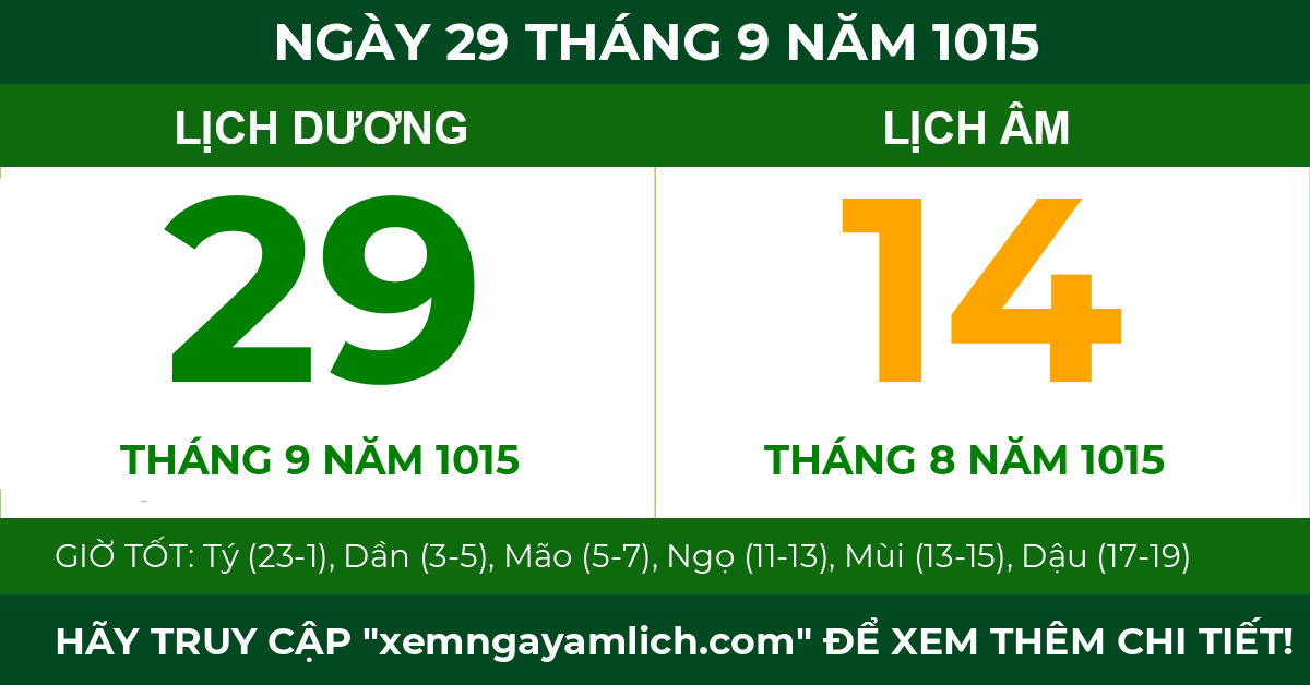 lịch âm ngày 29 tháng 9 năm 1015