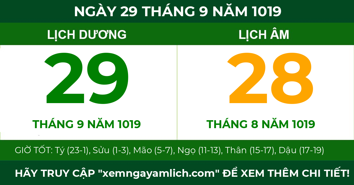 lịch âm ngày 29 tháng 9 năm 1019