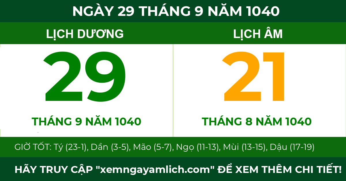lịch âm ngày 29 tháng 9 năm 1040
