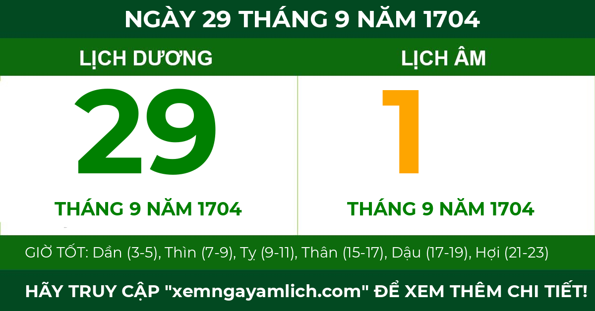 lịch âm ngày 29 tháng 9 năm 1704