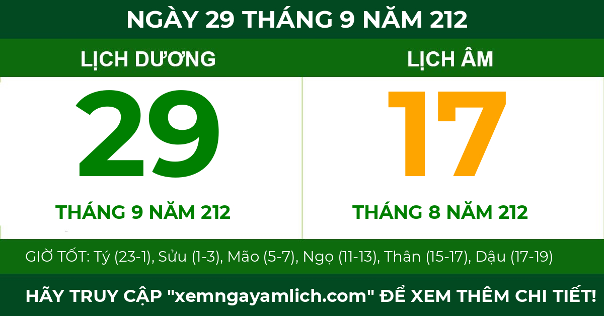 lịch âm ngày 29 tháng 9 năm 212