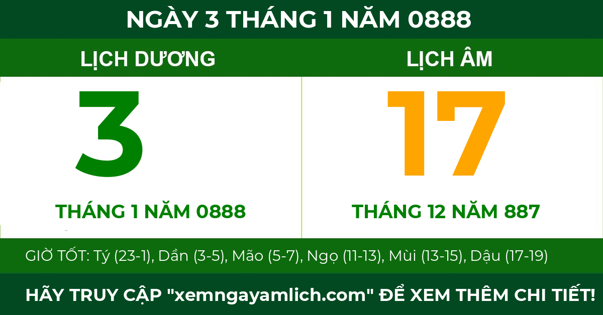 lịch âm ngày 3 tháng 1 năm 0888