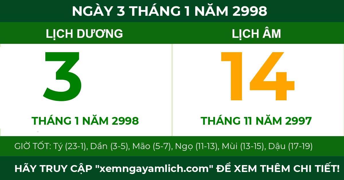 lịch âm ngày 3 tháng 1 năm 2998
