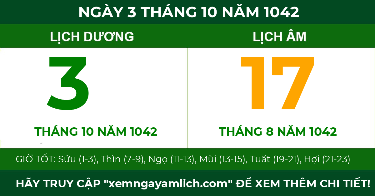 lịch âm ngày 3 tháng 10 năm 1042