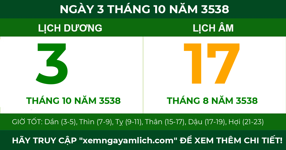 lịch âm ngày 3 tháng 10 năm 3538