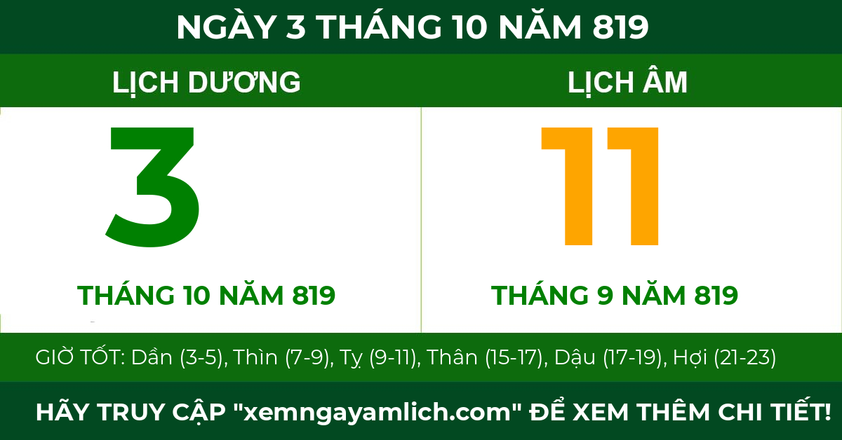 lịch âm ngày 3 tháng 10 năm 819