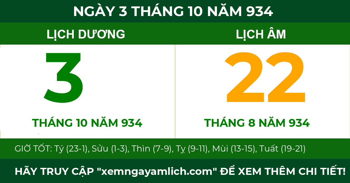 lịch âm ngày 3 tháng 10 năm 934