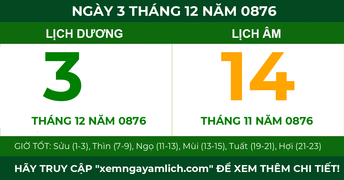 lịch âm ngày 3 tháng 12 năm 0876