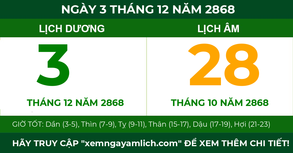 lịch âm ngày 3 tháng 12 năm 2868