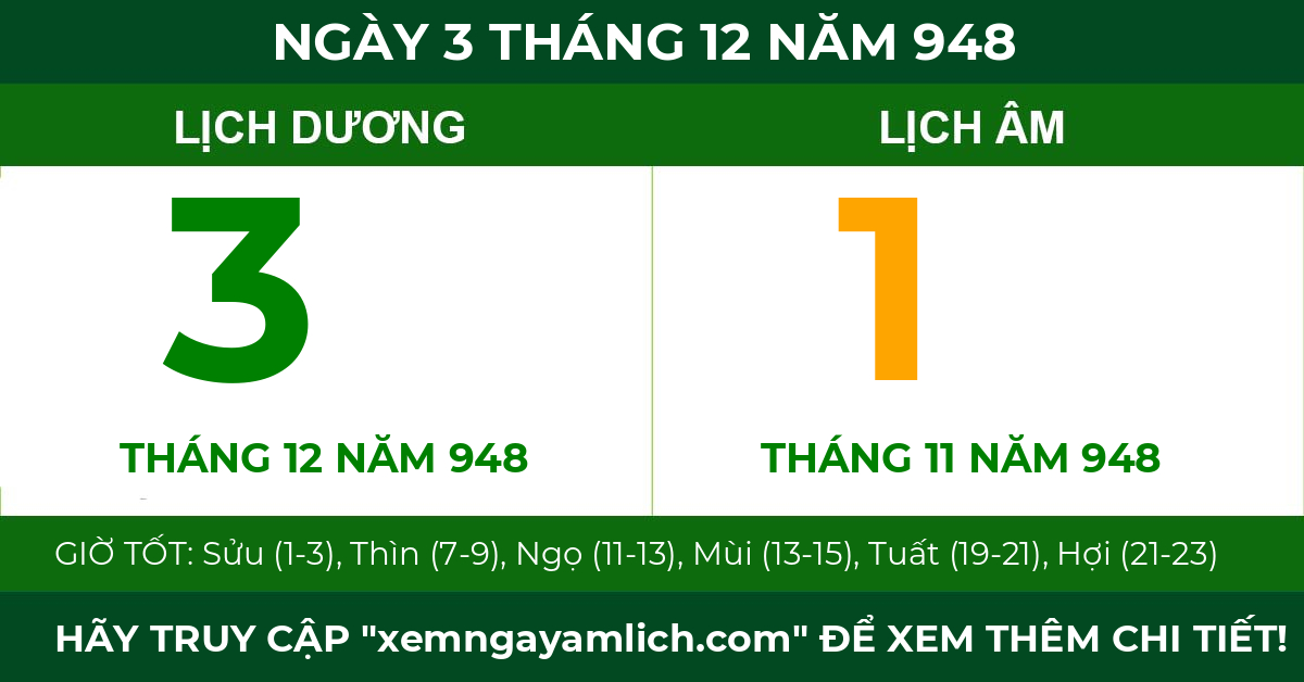 lịch âm ngày 3 tháng 12 năm 948