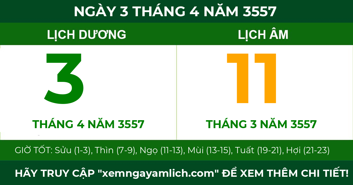 lịch âm ngày 3 tháng 4 năm 3557