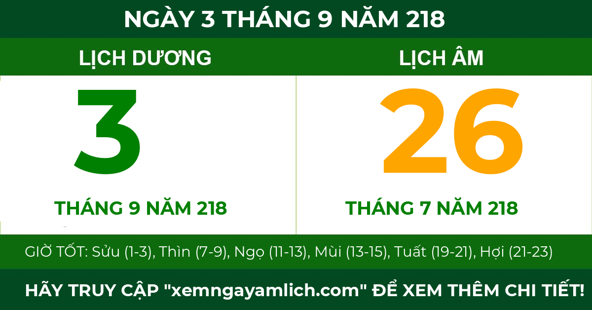 lịch âm ngày 3 tháng 9 năm 218