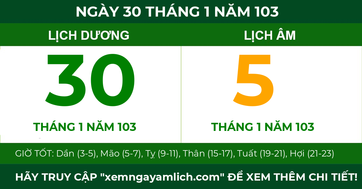 lịch âm ngày 30 tháng 1 năm 103