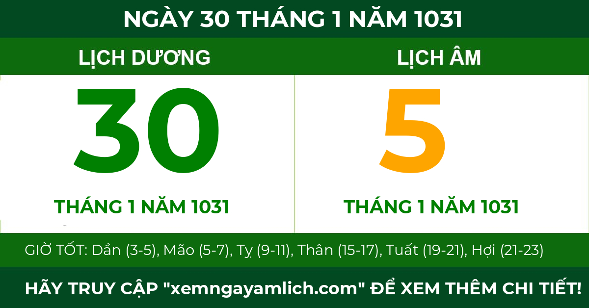 lịch âm ngày 30 tháng 1 năm 1031