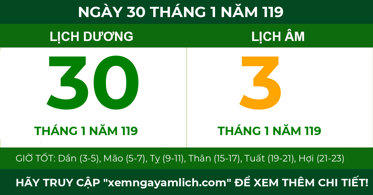 lịch âm ngày 30 tháng 1 năm 119