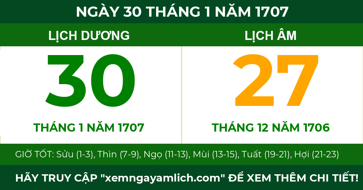 lịch âm ngày 30 tháng 1 năm 1707