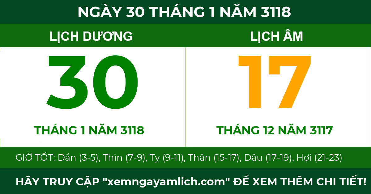 lịch âm ngày 30 tháng 1 năm 3118