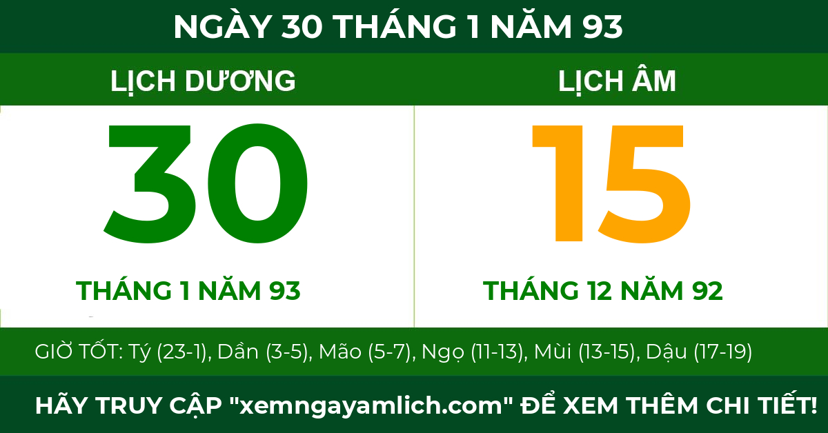 lịch âm ngày 30 tháng 1 năm 93