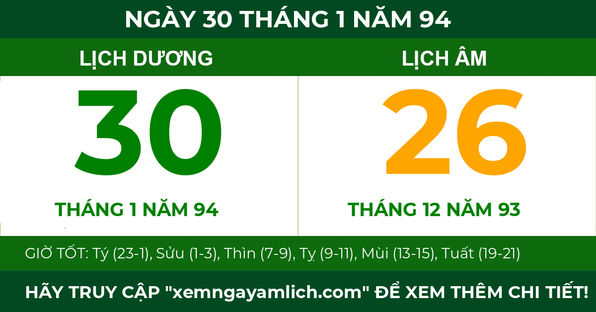 lịch âm ngày 30 tháng 1 năm 94
