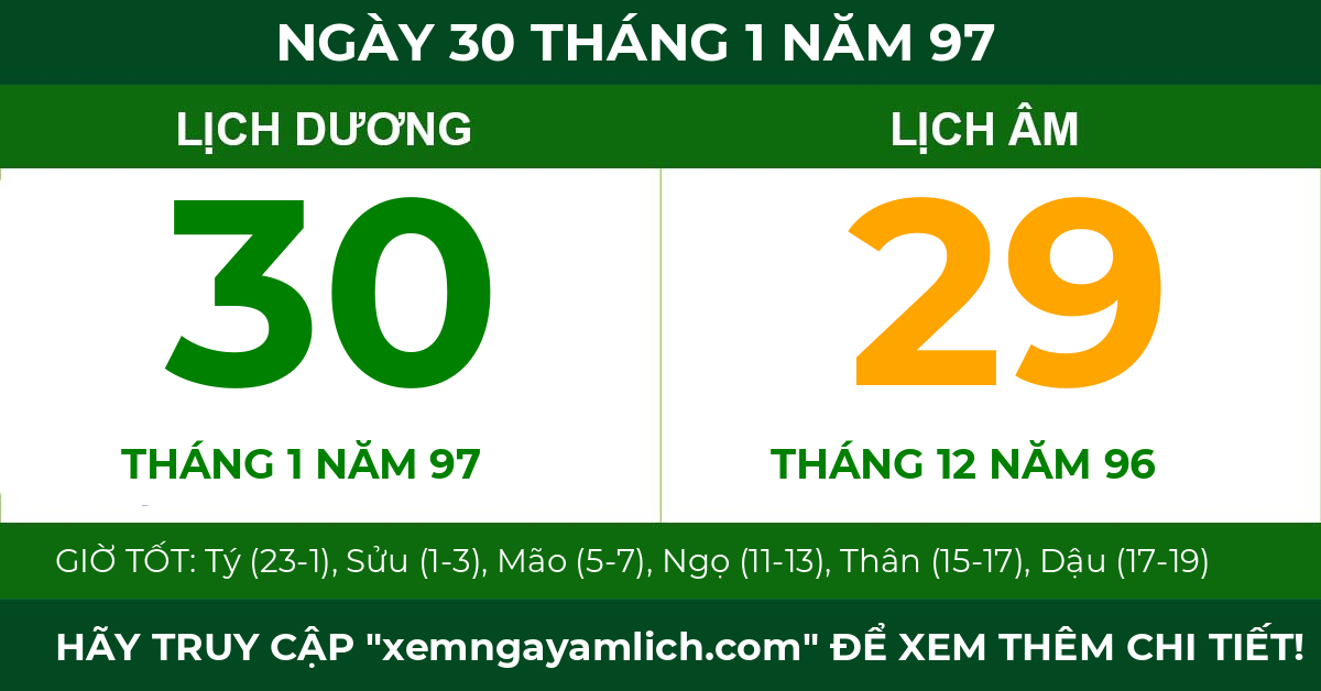 lịch âm ngày 30 tháng 1 năm 97