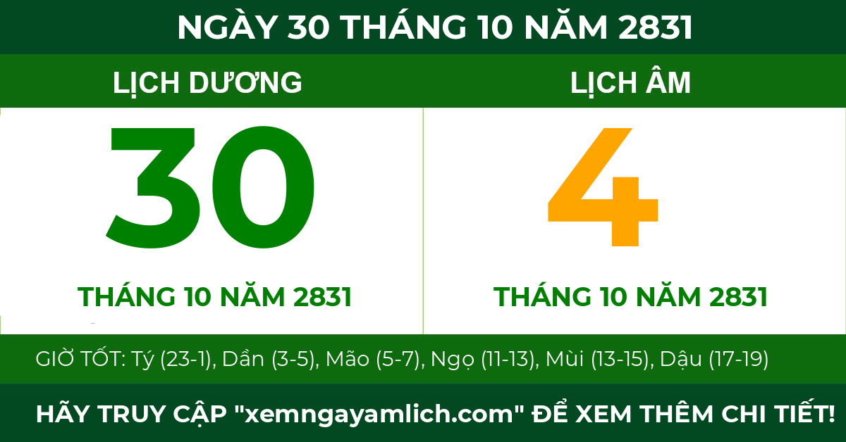 lịch âm ngày 30 tháng 10 năm 2831