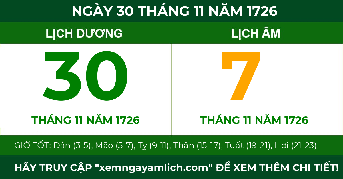 lịch âm ngày 30 tháng 11 năm 1726