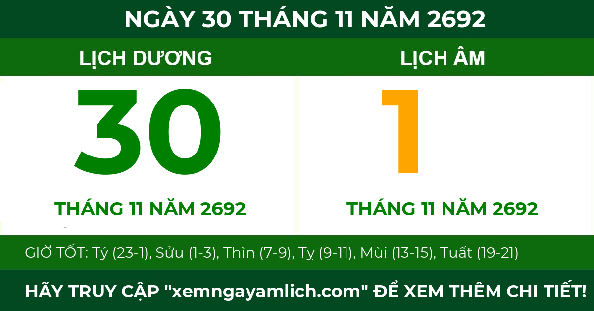 lịch âm ngày 30 tháng 11 năm 2692