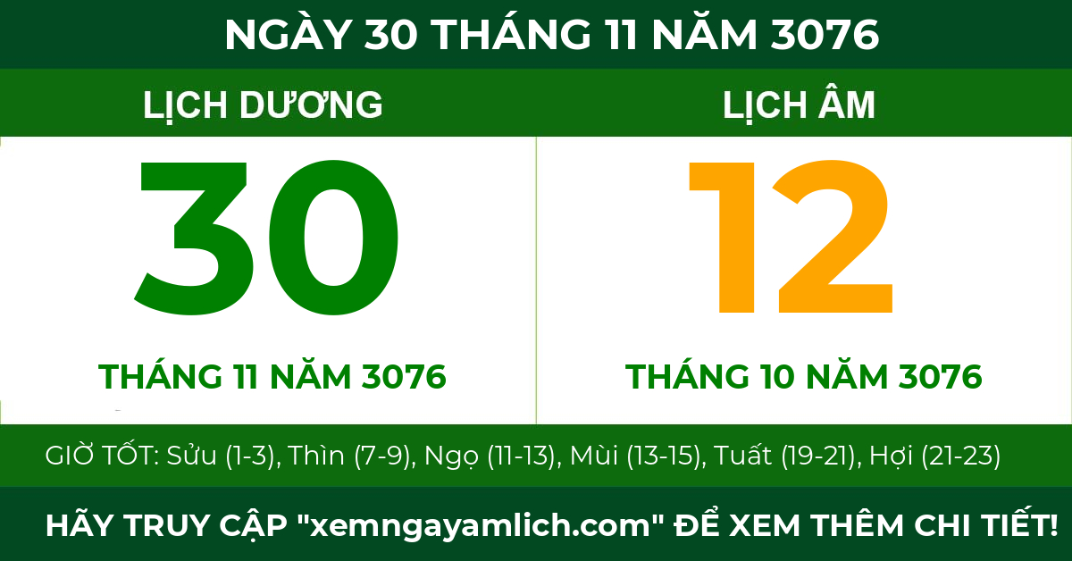 lịch âm ngày 30 tháng 11 năm 3076