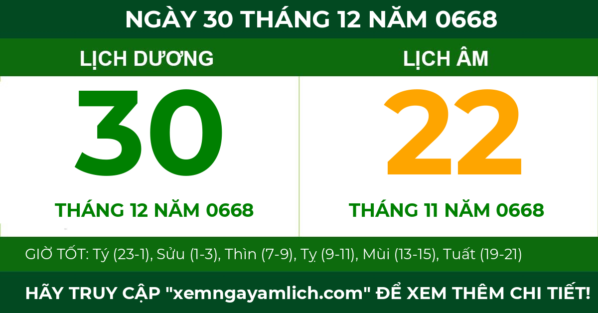 lịch âm ngày 30 tháng 12 năm 0668