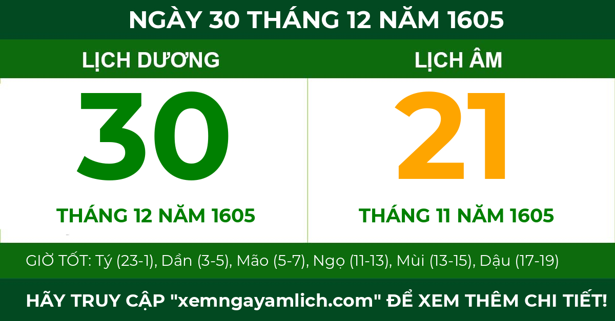 lịch âm ngày 30 tháng 12 năm 1605