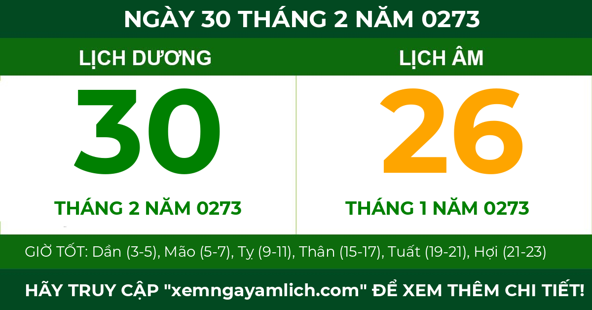 lịch âm ngày 30 tháng 2 năm 0273