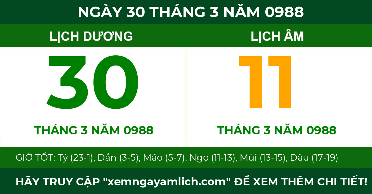 lịch âm ngày 30 tháng 3 năm 0988