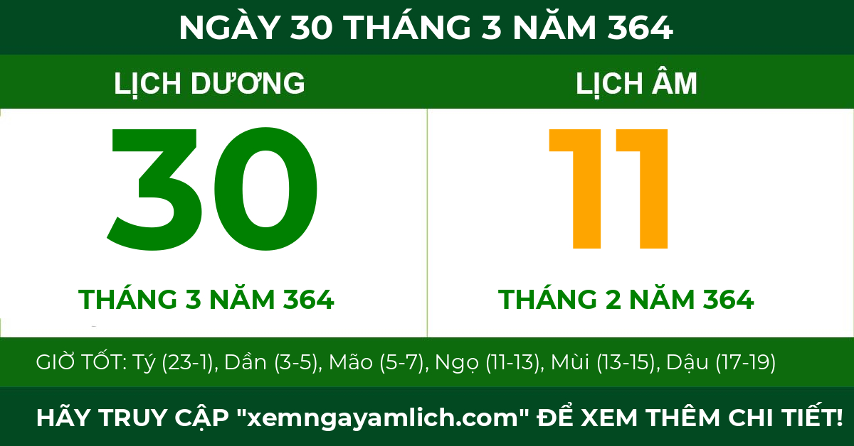 lịch âm ngày 30 tháng 3 năm 364