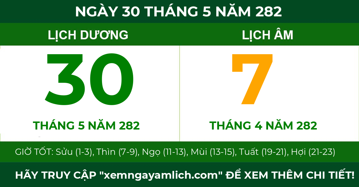 lịch âm ngày 30 tháng 5 năm 282
