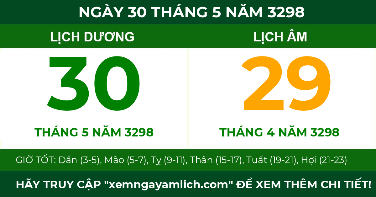 lịch âm ngày 30 tháng 5 năm 3298