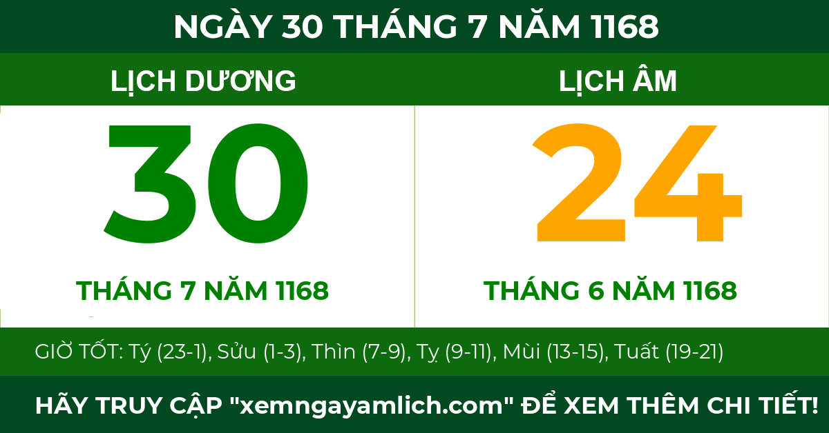 lịch âm ngày 30 tháng 7 năm 1168