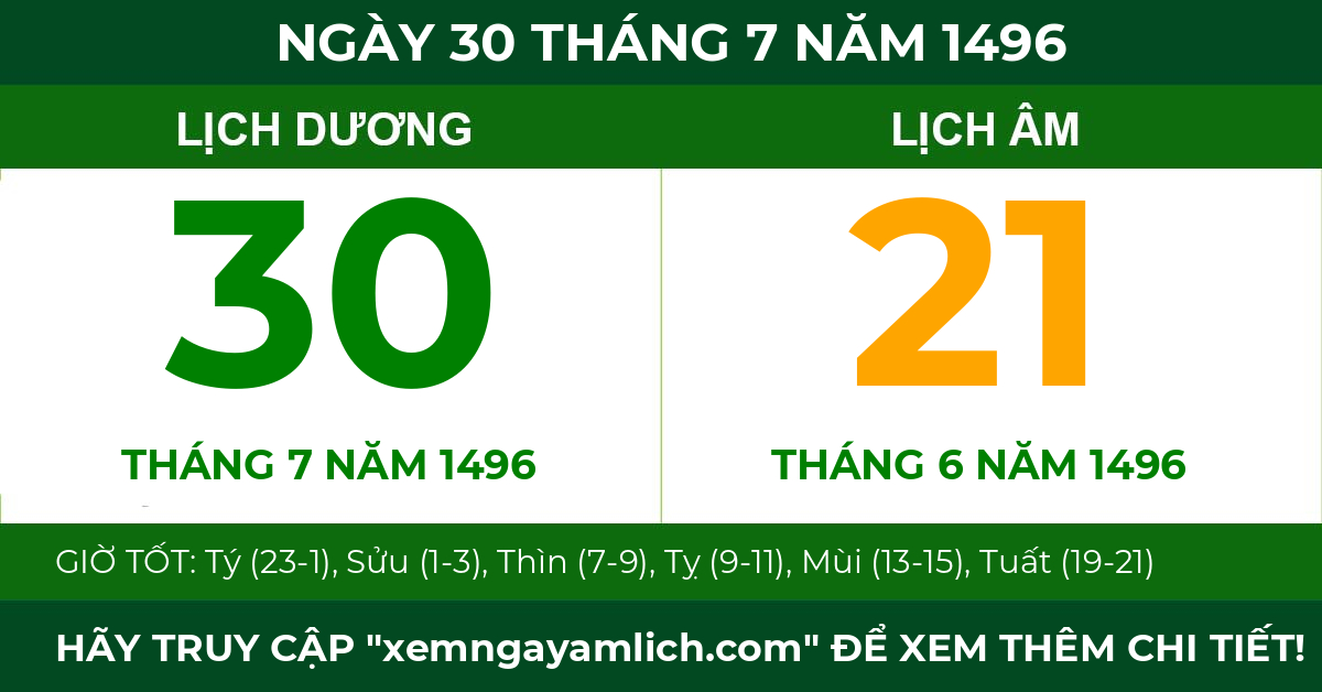 lịch âm ngày 30 tháng 7 năm 1496