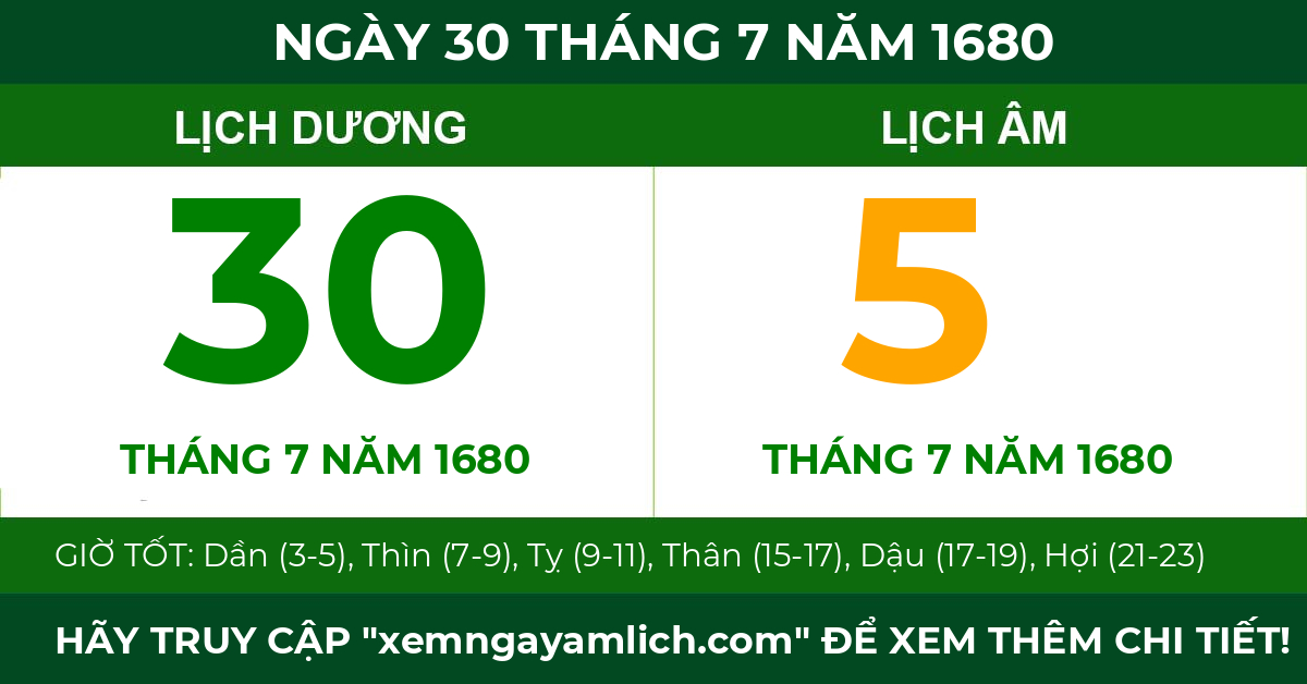 lịch âm ngày 30 tháng 7 năm 1680