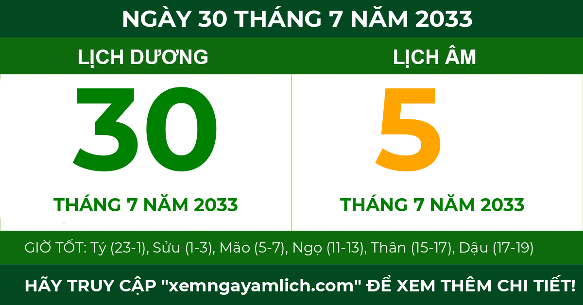 lịch âm ngày 30 tháng 7 năm 2033