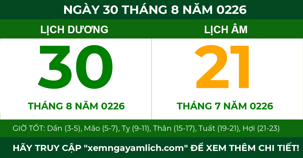 lịch âm ngày 30 tháng 8 năm 0226