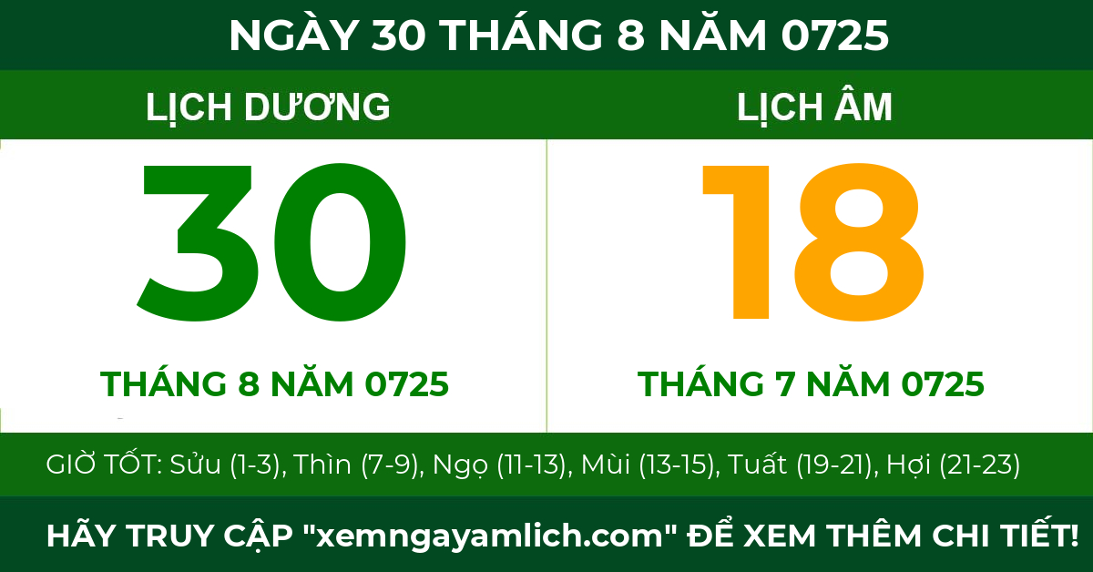 lịch âm ngày 30 tháng 8 năm 0725