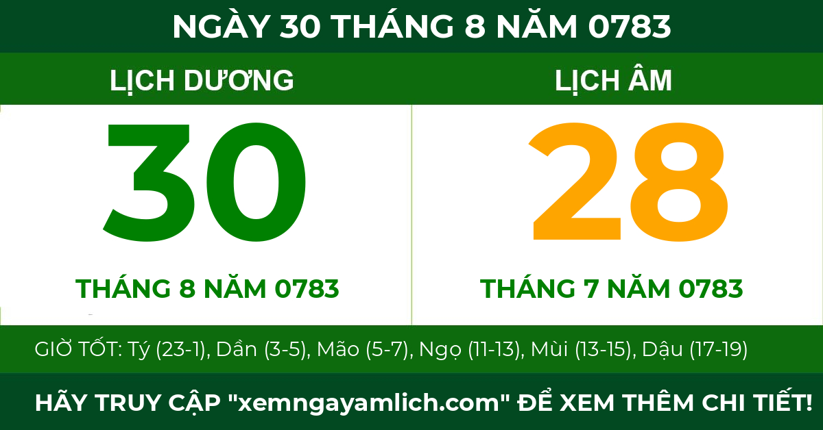 lịch âm ngày 30 tháng 8 năm 0783
