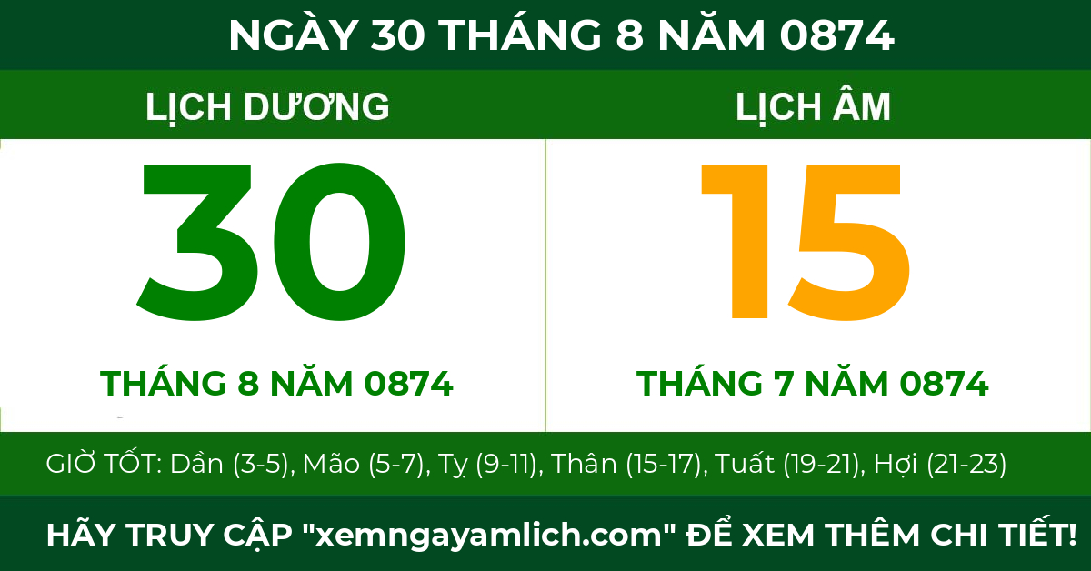 lịch âm ngày 30 tháng 8 năm 0874