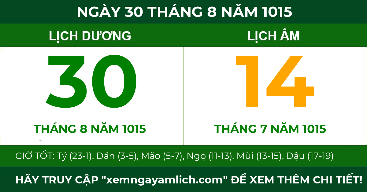 lịch âm ngày 30 tháng 8 năm 1015